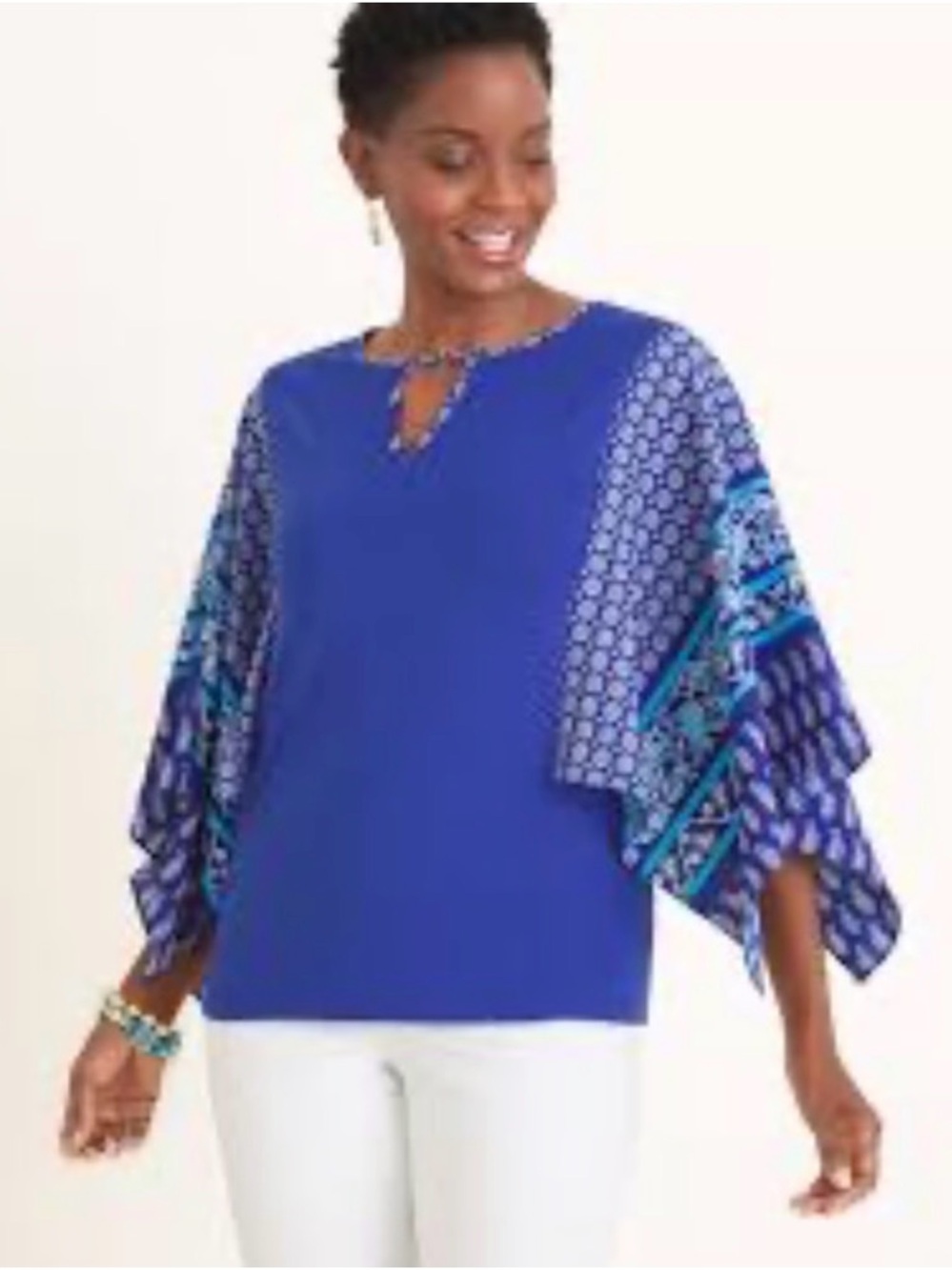 NWT Chico’s EAST WEST MULTI PRINT TOP TOP SS KNIT PATTERN BLUE GROTTO 2